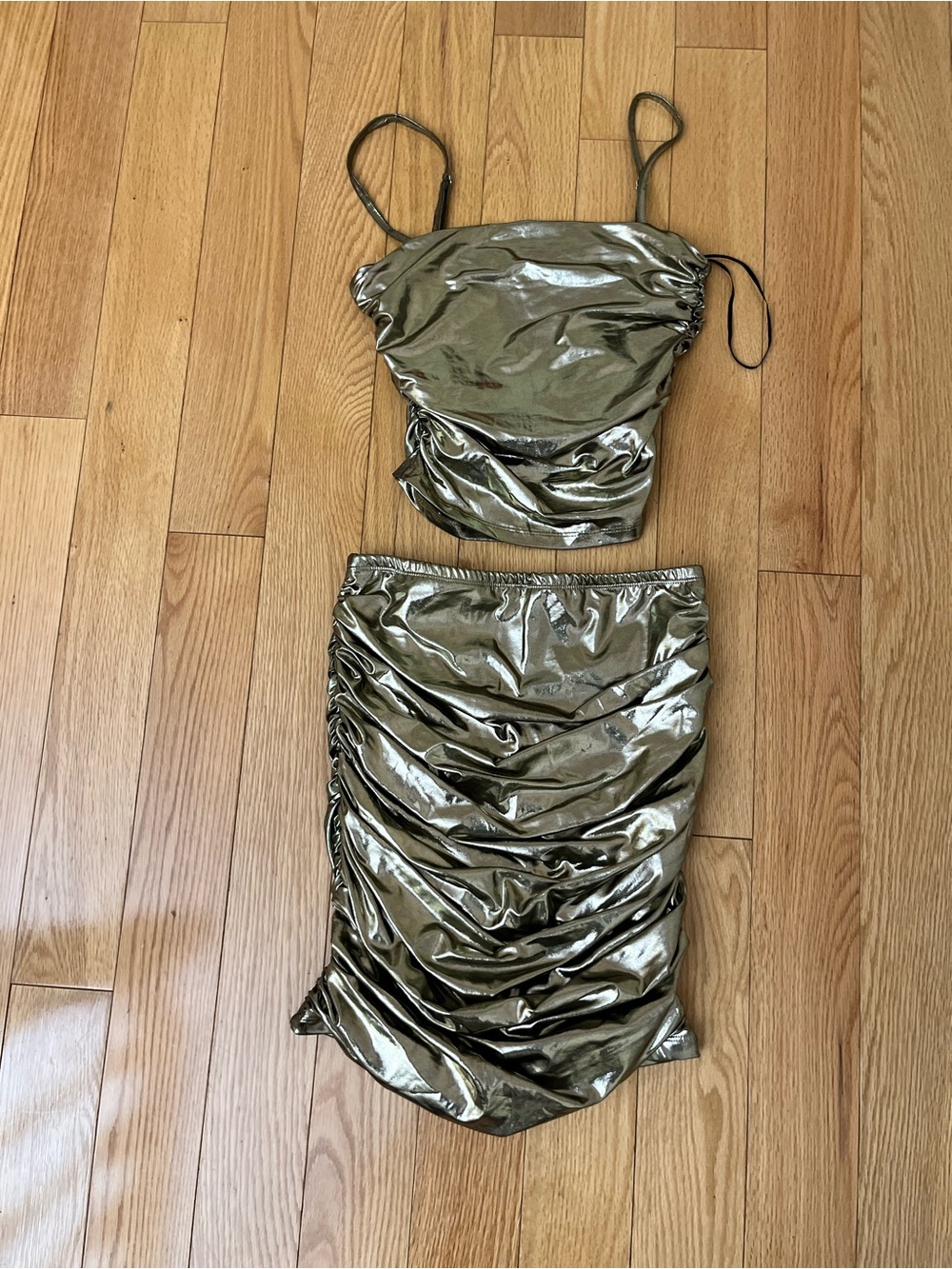 SHEIN Metallic Olive Ruched Midi Skirt
